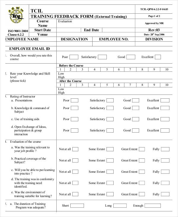 employee training evaluation feedback form