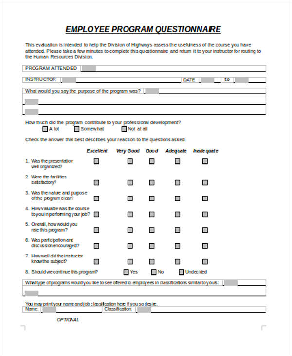 employee training evaluation questionnaire