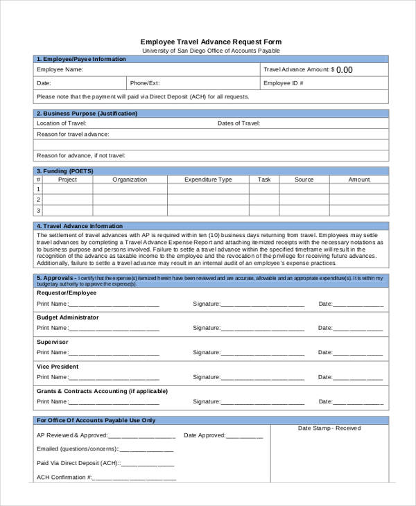 employee travel advance request form