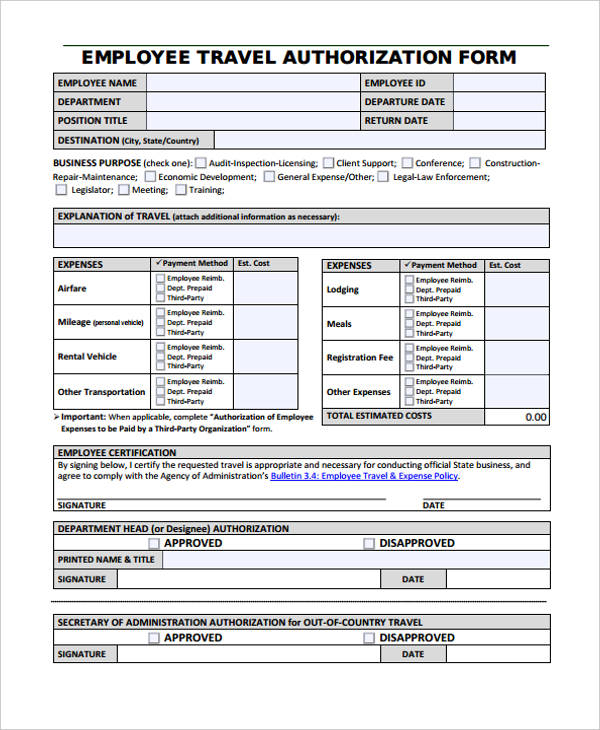 employee travel authorisation request form