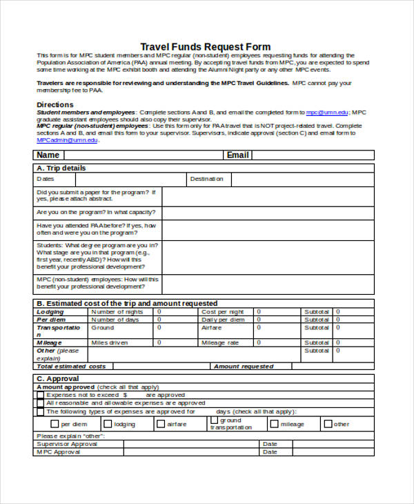 employee travel funds request form