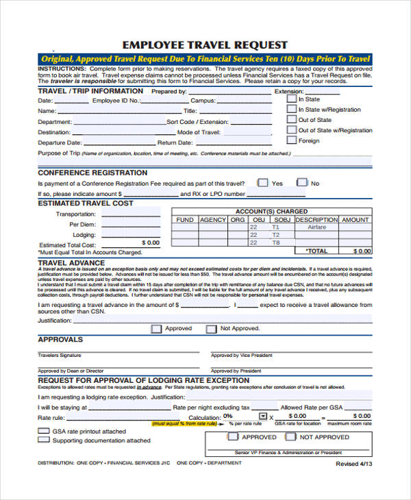 Business Travel Request Form Template Excel