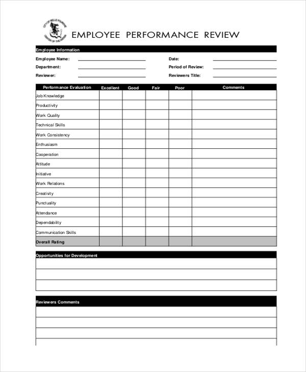 employee performance review evaluation form