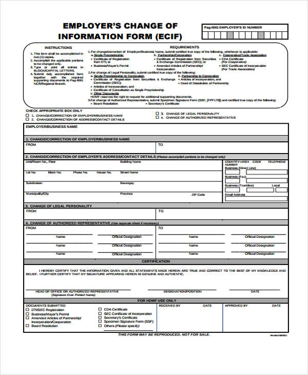 employers change of information form