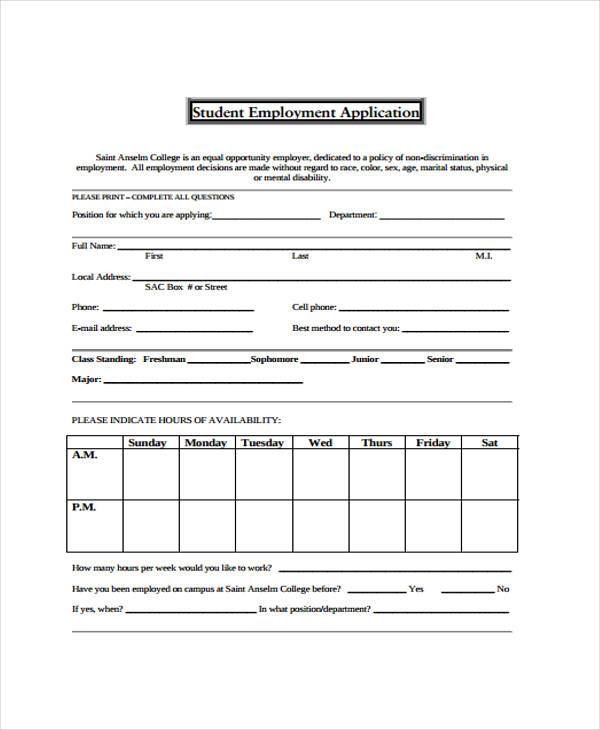 employment application form for students