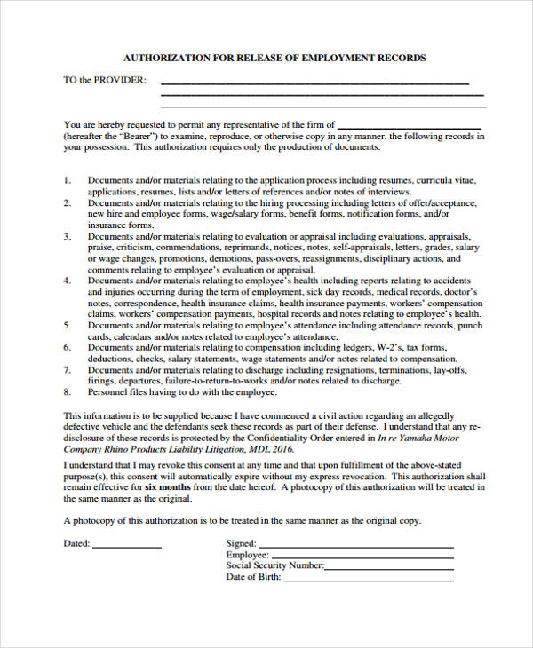 employment release authorization form