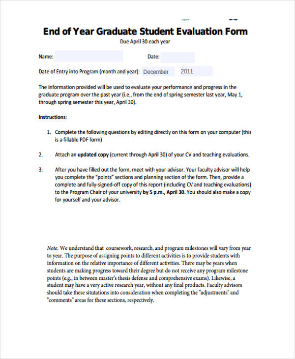 end of year graduate student evaluation form