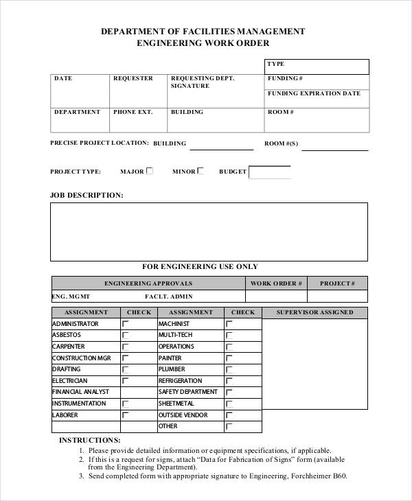 engineering work order form template