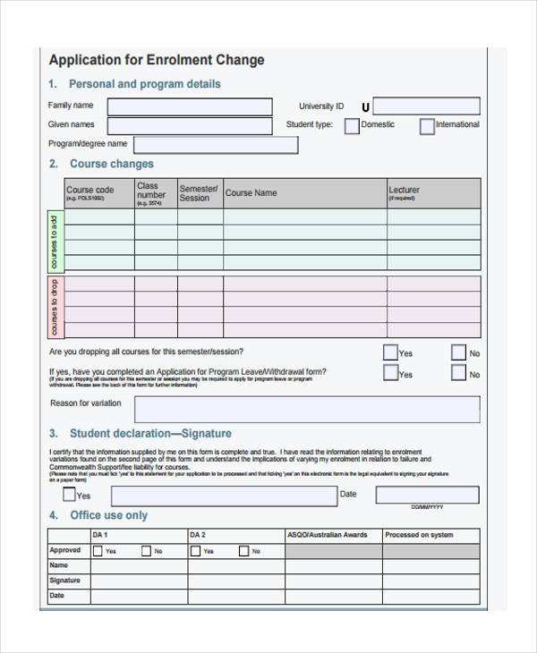 enrolment change application form
