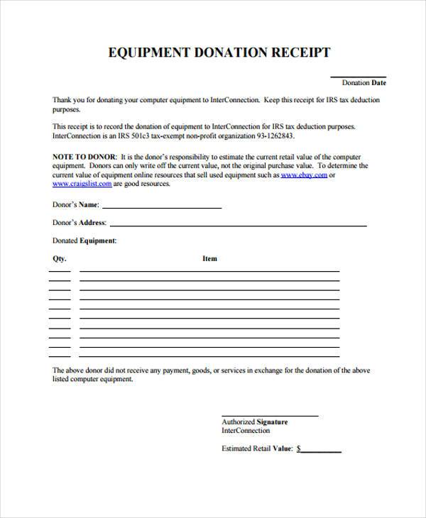 equipment donation receipt form