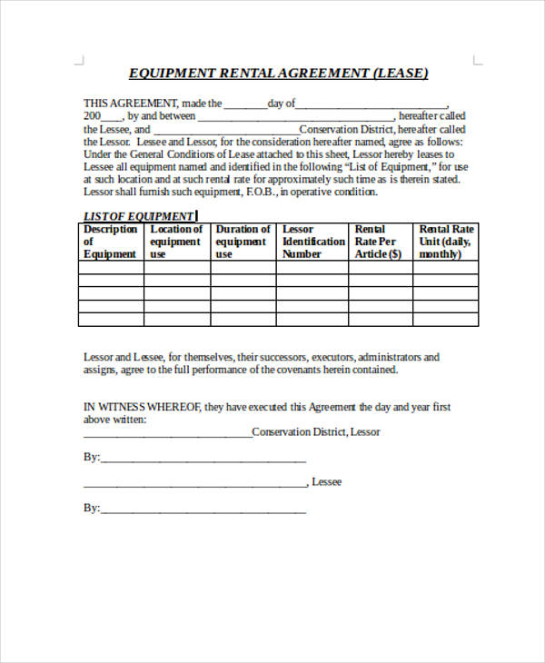 equipment lease rental agreement form