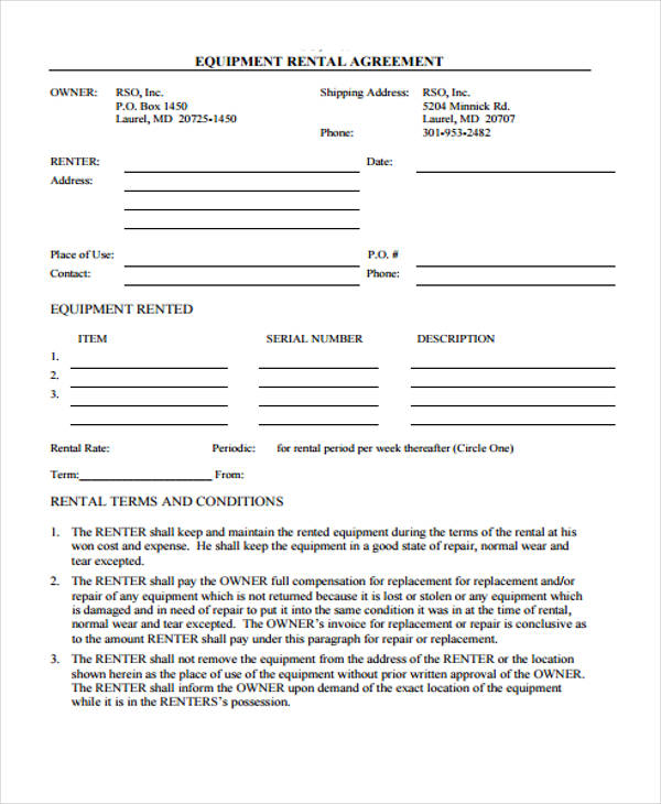 equipment rental contract agreement form