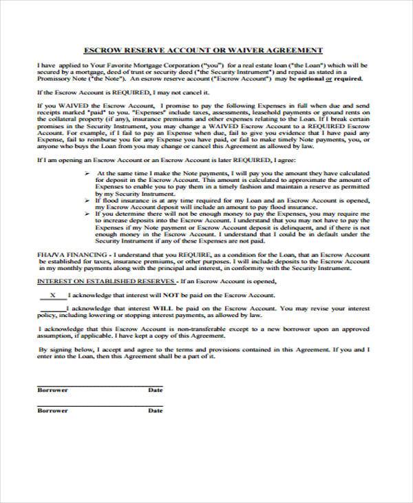 escrow waiver agreement form sample