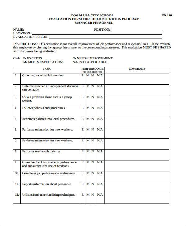 evaluation form for child nutrition program