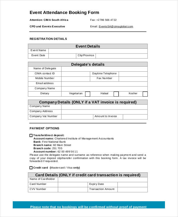 event attendance booking form