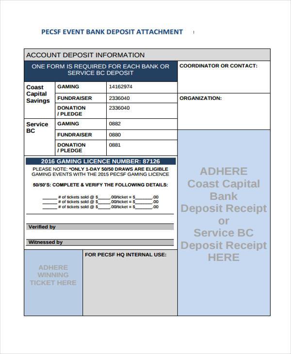 event bank deposit receipt form