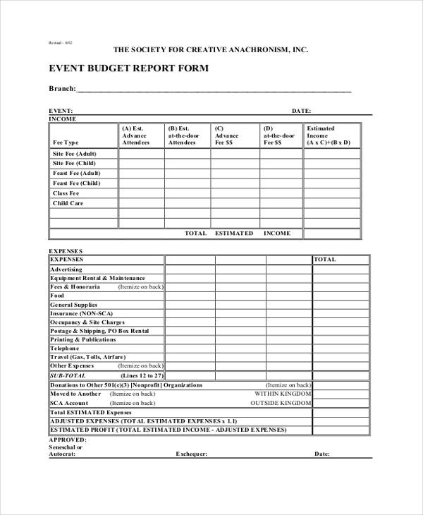 event budget report form