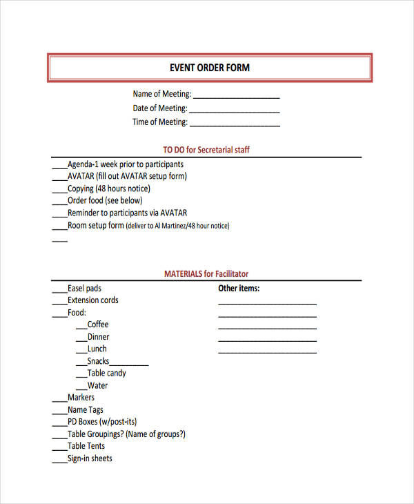 event order form sample