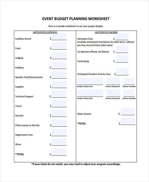 event planning budget form