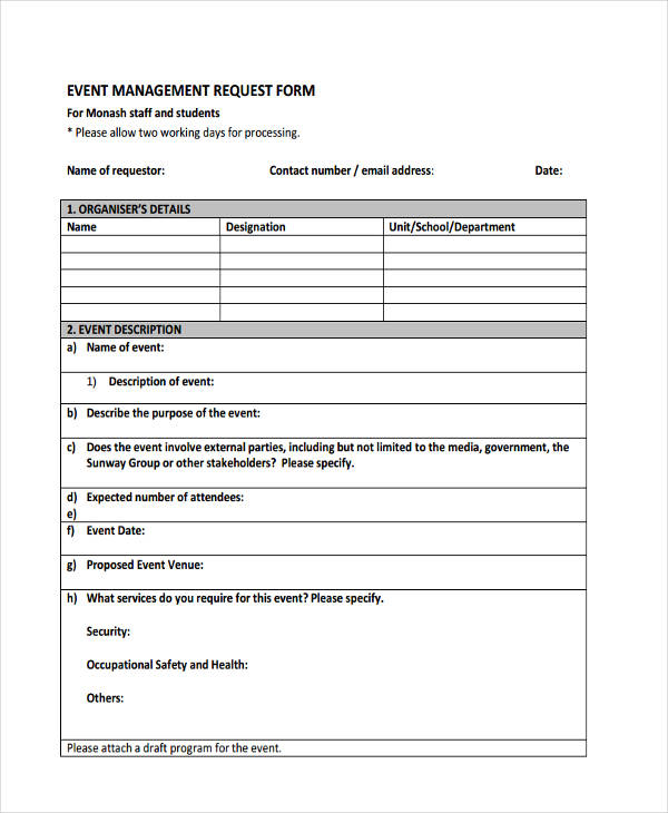 events management request form