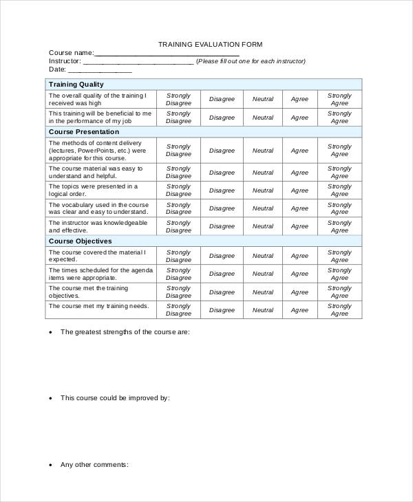 example course training evaluation form