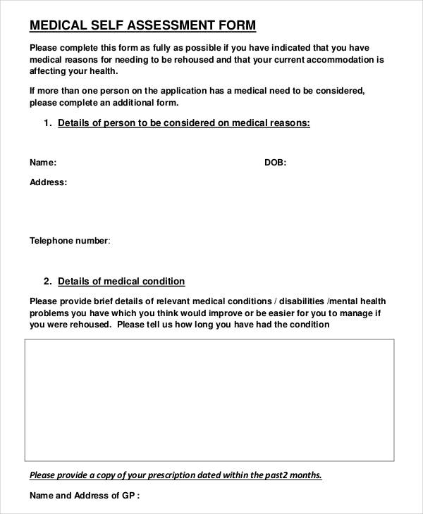 example medical self assessment form