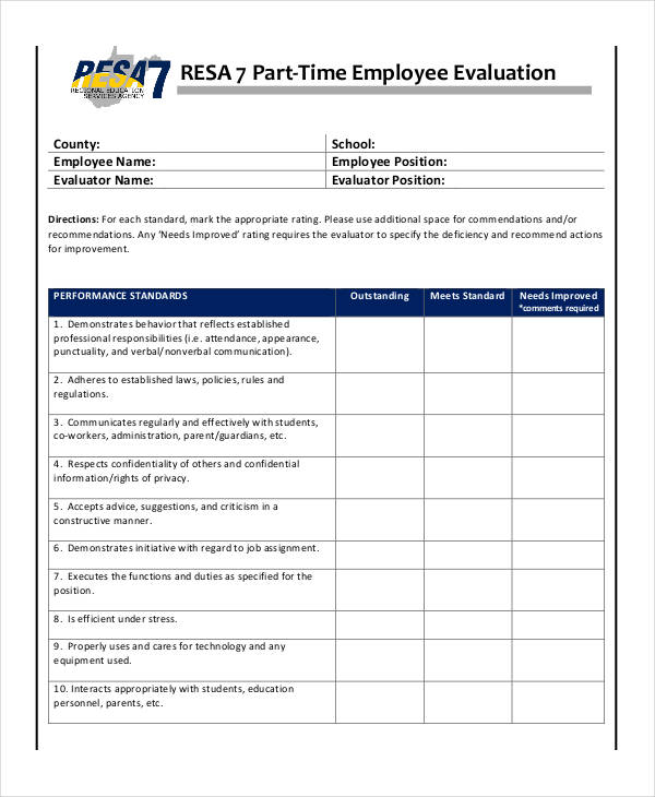 example part time employee evaluation form