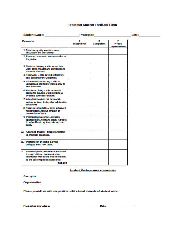 example preceptor student feedback form