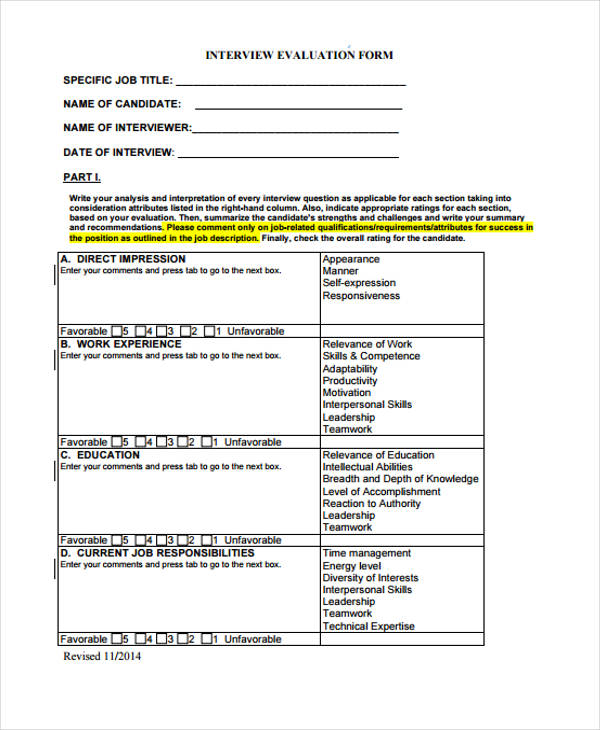 example revised interview evaluation form