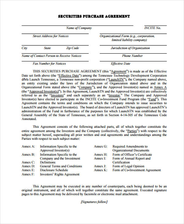 example securities purchase agreement form