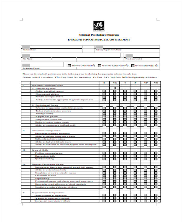 example student practicum evaluation form