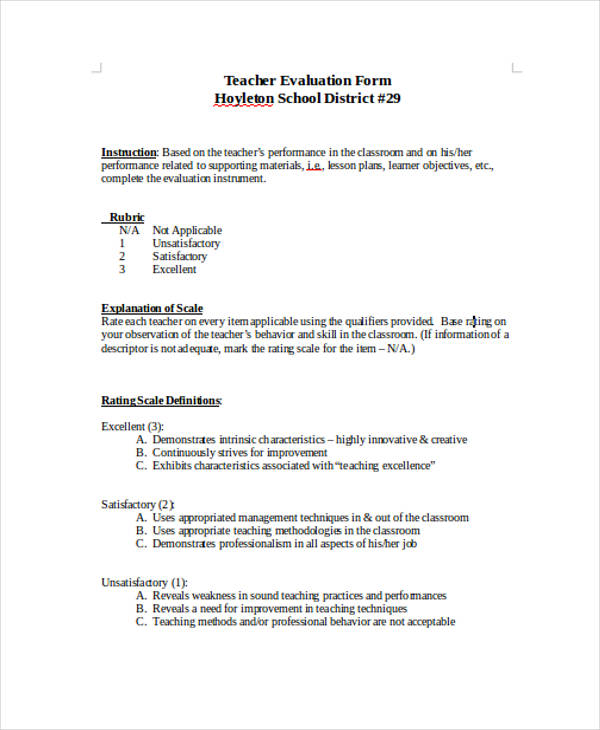 example student teaching evaluation form