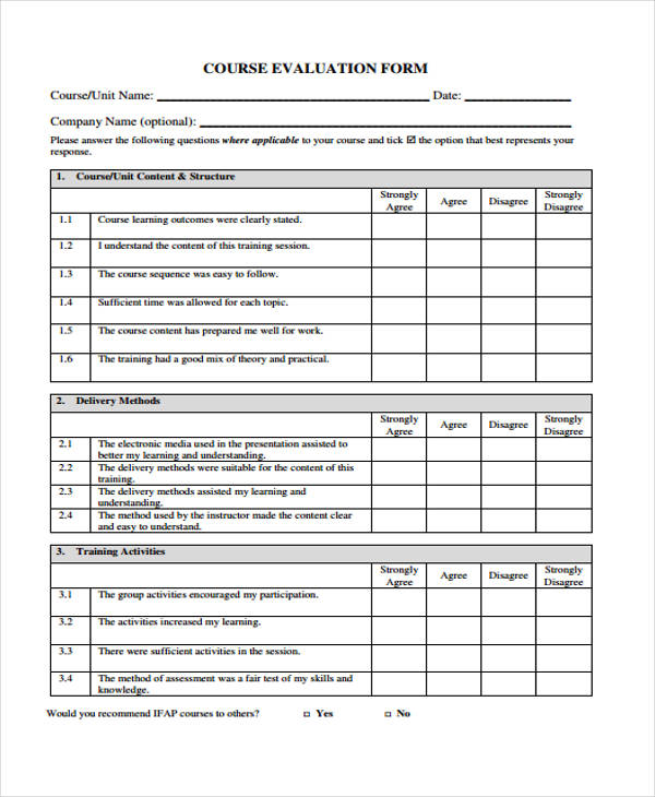 example training course evaluation form