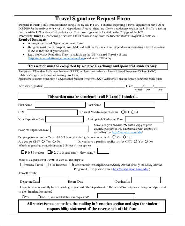 example travel signature request form