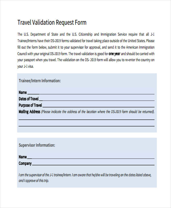 example travel validation request form