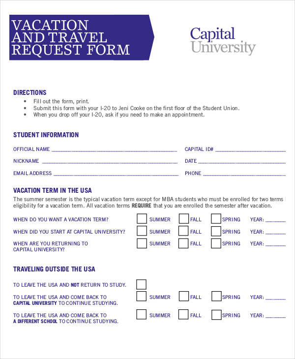 example vacation travel request form