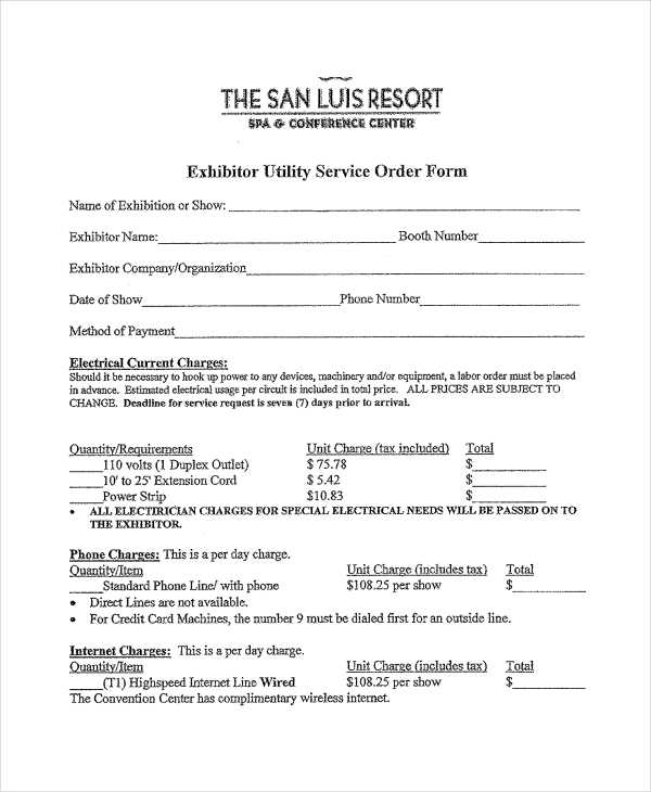 exhibitor utility service order form