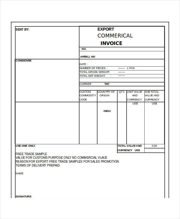 export commercial invoice form