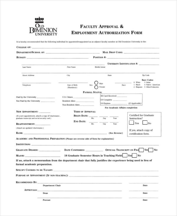 faculty approval employment authorization form