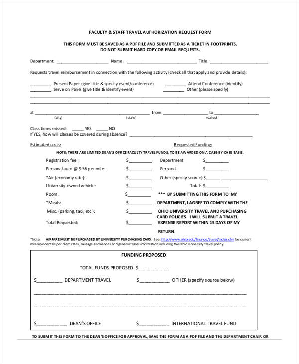 faculty travel authorization request form