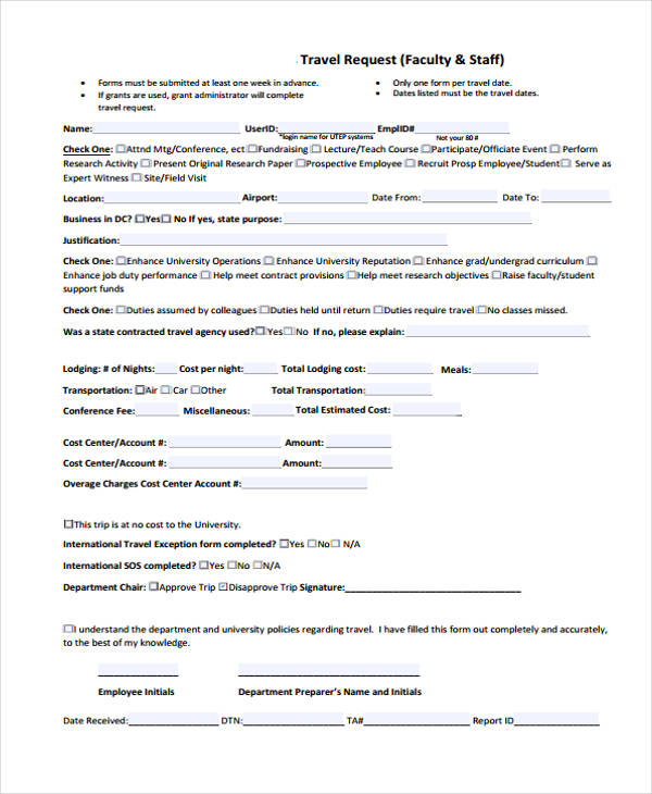 faculty and staff travel request form
