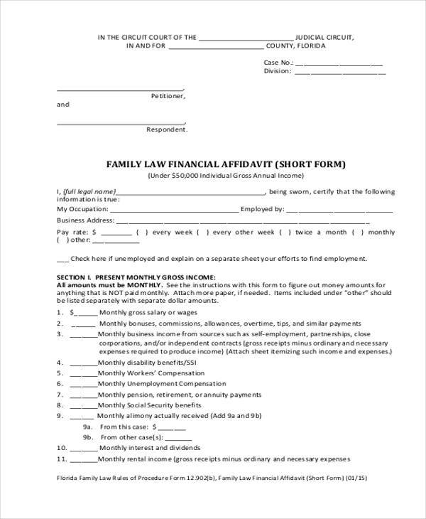 family law financial affidavit form