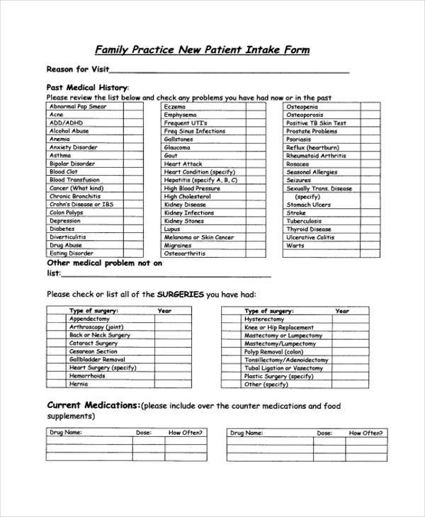 family medical intake form