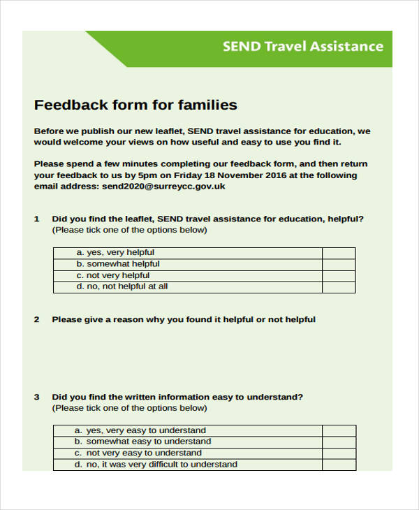 feedback form format for travel company