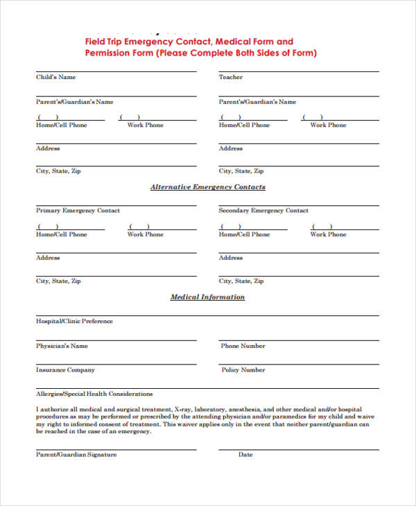 field trip medical emergency contact form