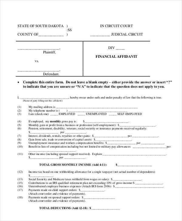 financial affidavit for divorce form