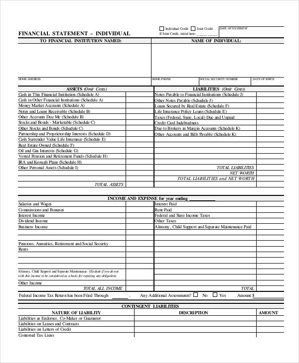 financial statement individual form
