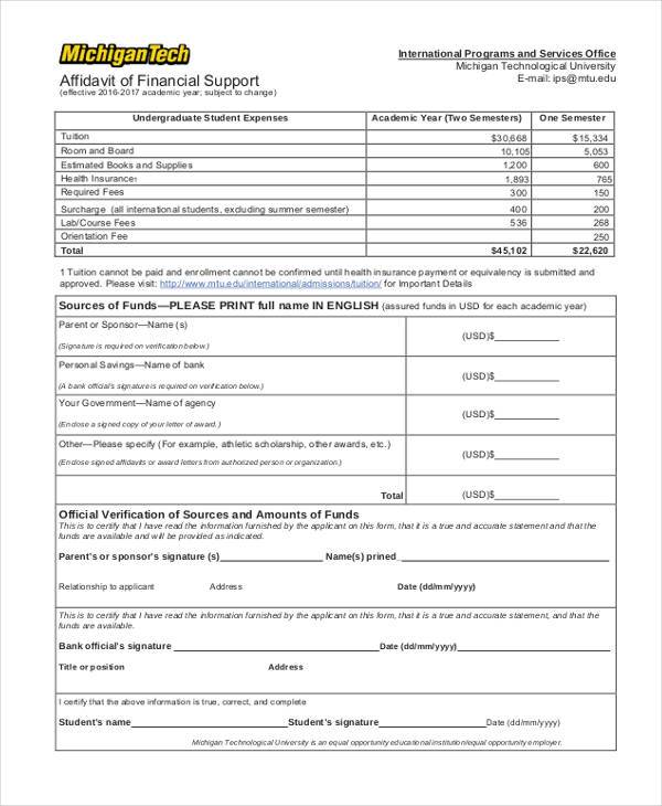 financial support affidavit form