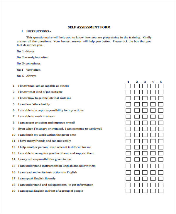 finical self assessment school form