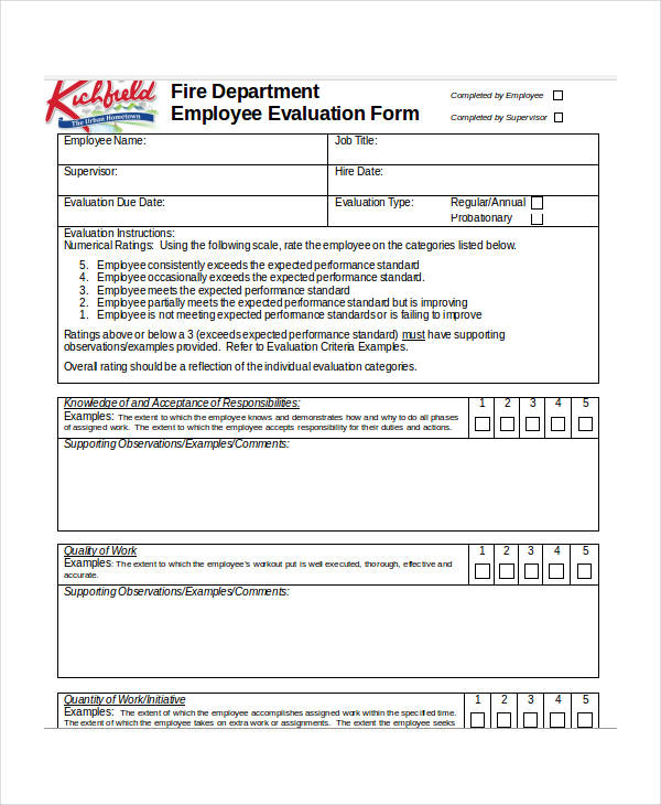 fire department employee evaluation form